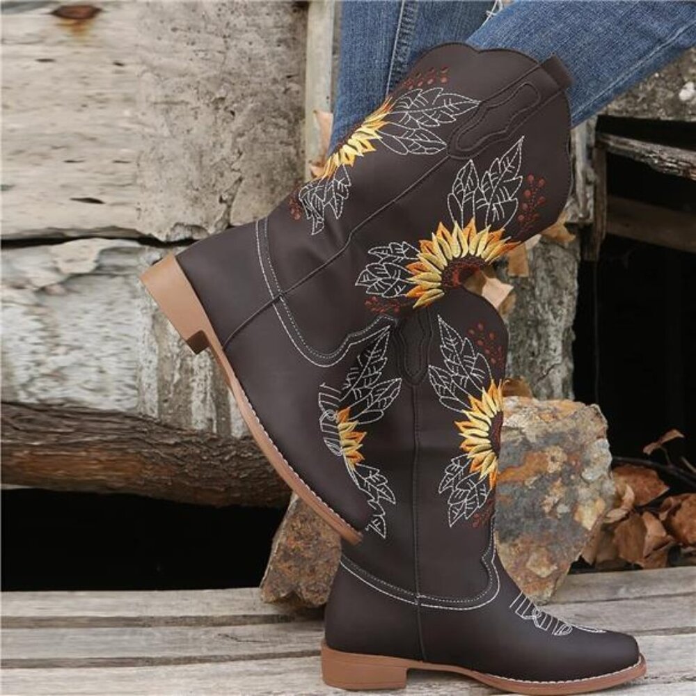 NEW Women's Sunflower Cowgirl Boots, Square Toe Western Embroidery Mid Calf - Picture 3 of 7